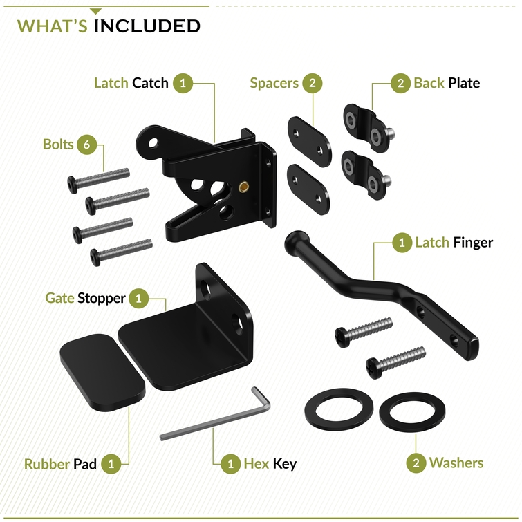 Fence gate latch kit components including latch catch, spacers, bolts, gate stopper, washers, and hex key