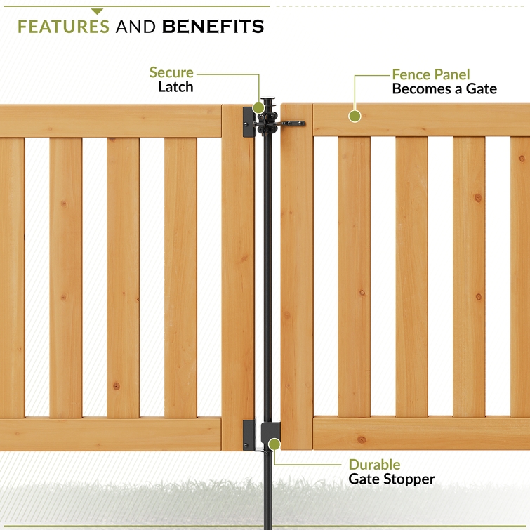 Fence panel converted into a gate using a secure latch and durable gate stopper on a wooden fence