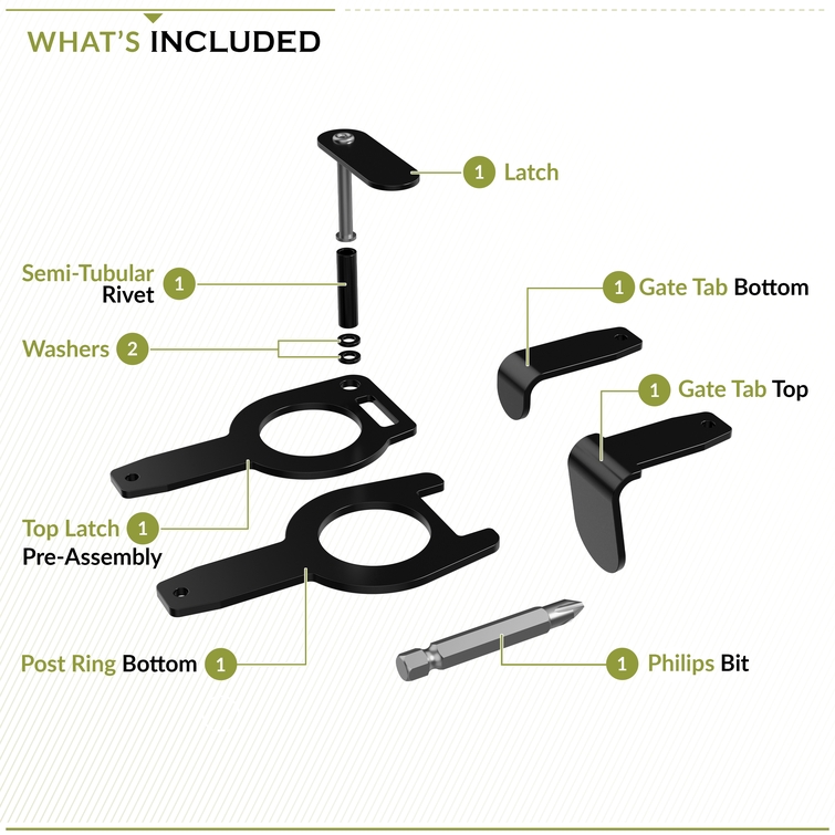 Zurich fence gate hardware kit contents including latch, gate tabs, rivet, washers, and installation bit