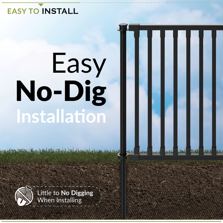 Black no-dig metal fence panel installation showing in-ground spike system with minimal digging required