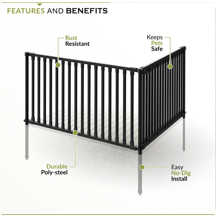 No-dig metal fence panel system highlighting rust-resistant poly-steel construction and pet safety design