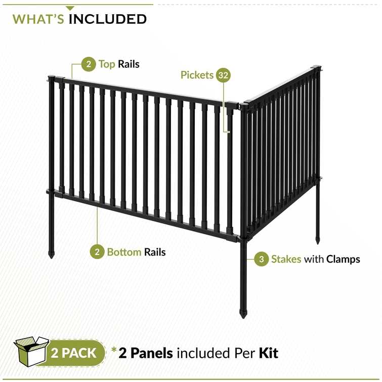 Metal fence panel kit components including top rails, bottom rails, pickets, and ground stakes with clamps