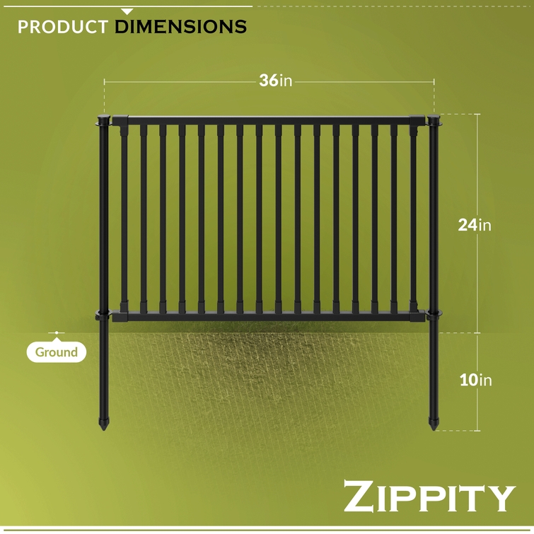 Metal fence panel kit components including top rails, bottom rails, pickets, and ground stakes with clamps