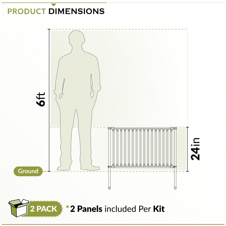 24 inch tall metal garden fence panel shown next to person for scale with no-dig ground stakes