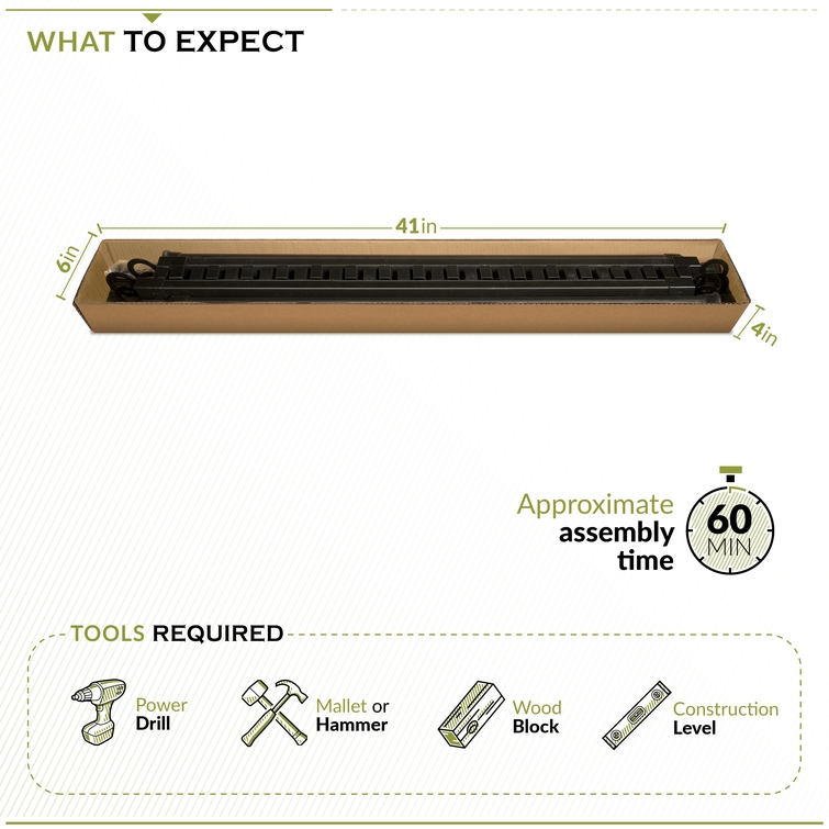 Metal fence panel kit packaging with tools required including drill, hammer, level, and wood block