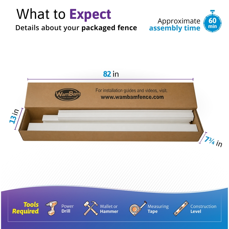 Packaged vinyl fence kit in 82-inch box with components, 60-minute assembly time and required tools for easy DIY installation