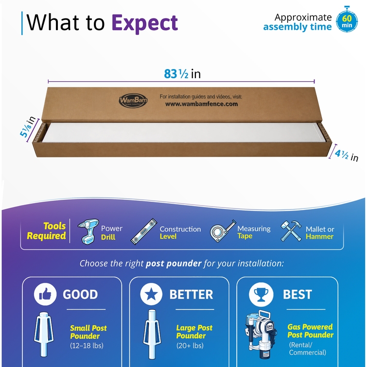 Packaged vinyl post in 83.5-inch box with 60-minute assembly time and required tools including drill, hammer, tape measure, and level for easy DIY installation