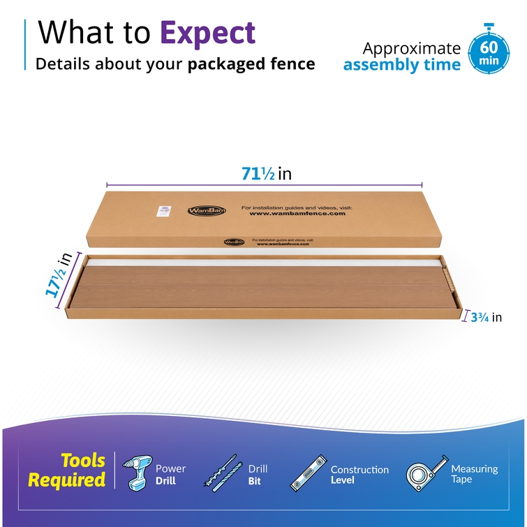 WamBam Fence packaged composite fence panel kit in walnut brown showing box dimensions of 71.5 in x 17.5 in x 3.75 in, approximately 60-minute assembly time, and required installation tools including power drill, drill bits, level, and measuring tape