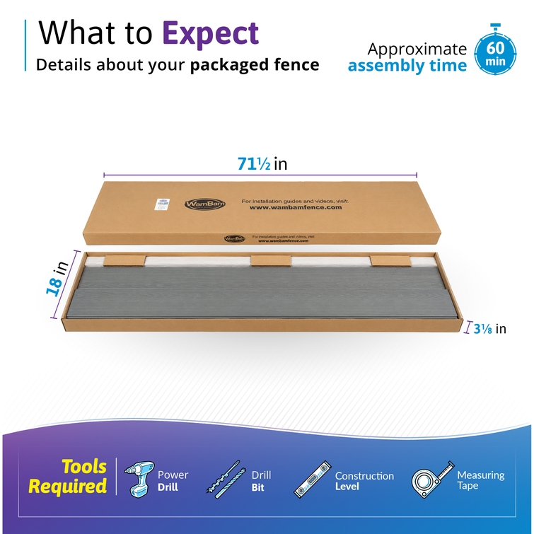 WamBam Fence composite privacy fence panel kit in slate gray packaged in a compact shipping box, showing fence board dimensions, 60-minute assembly time, and required DIY installation tools including a power drill, level, and measuring tape