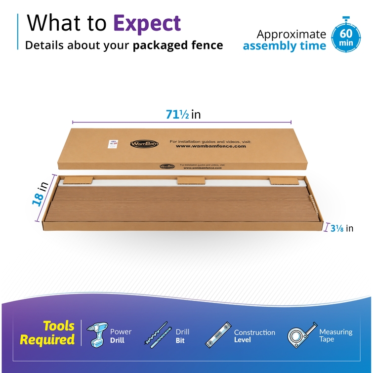 WamBam Fence composite privacy fence panel kit in walnut brown packaged in a compact shipping box, showing fence board dimensions, 60-minute assembly time, and required DIY installation tools including a power drill, level, and measuring tape
