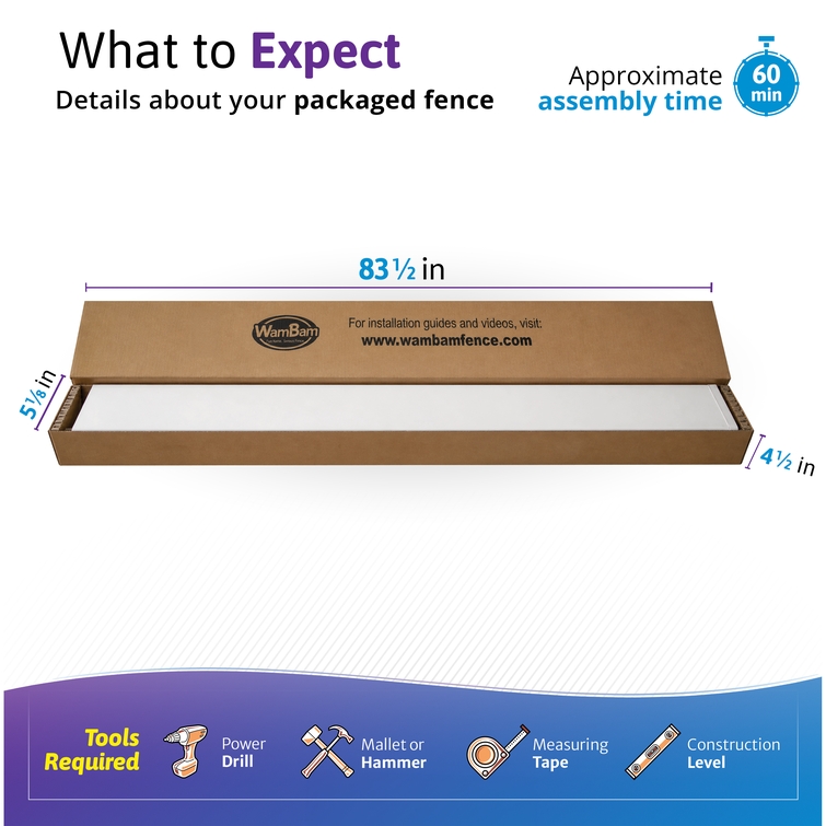 Packaged vinyl post panel in 83.5-inch box with 60-minute assembly time and required tools including drill, hammer, tape measure, and level for easy DIY installation