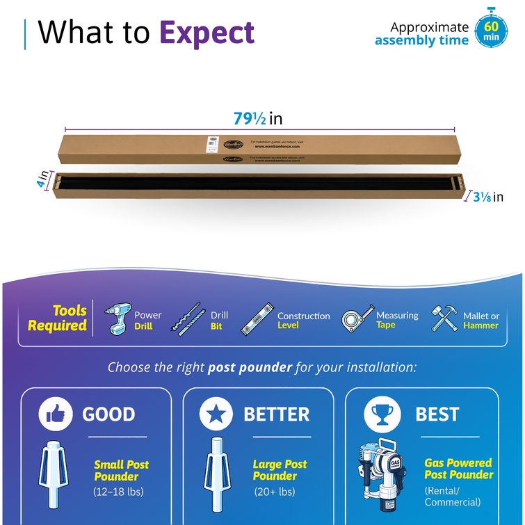 WamBam 6 ft no-dig fence post kit packaging, 60-minute installation overview, required tools and recommended post pounders for fence post installation