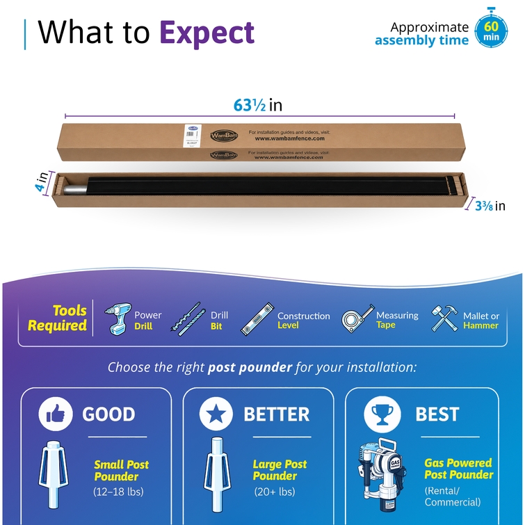 WamBam 1-pack 4 ft no-dig fence post installation guide showing packaging dimensions, required tools, installation time and recommended post pounders.