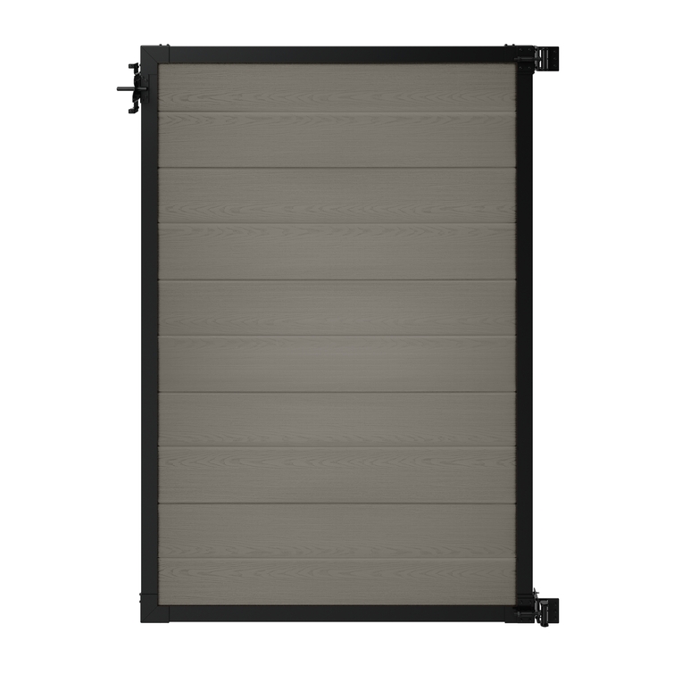 6 ft tall composite privacy fence gate with slate gray composite boards, black aluminum frame, adjustable hinges, and secure latch.