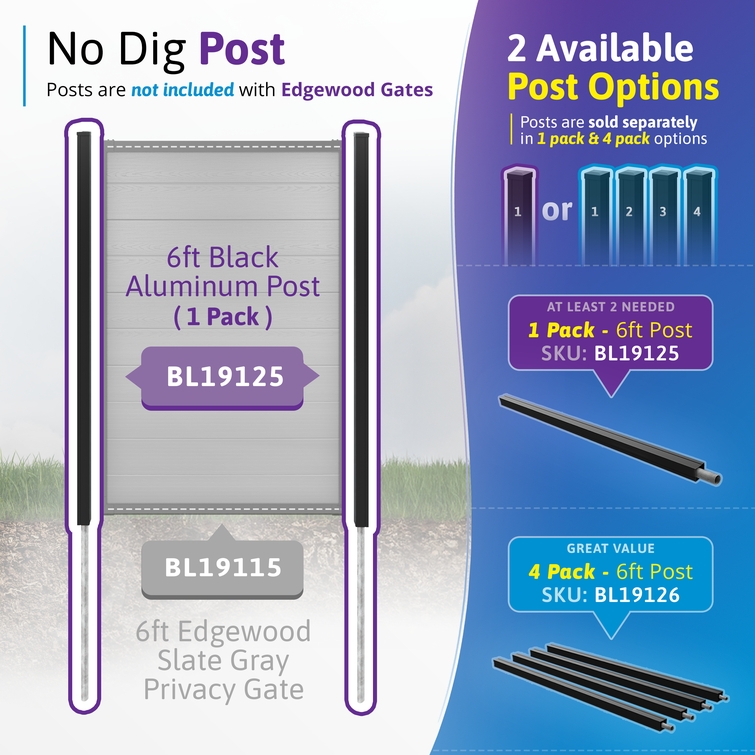 Infographic showing compatible no-dig aluminum fence post options for a 6 ft composite privacy fence gate, including single and four-pack post kits.