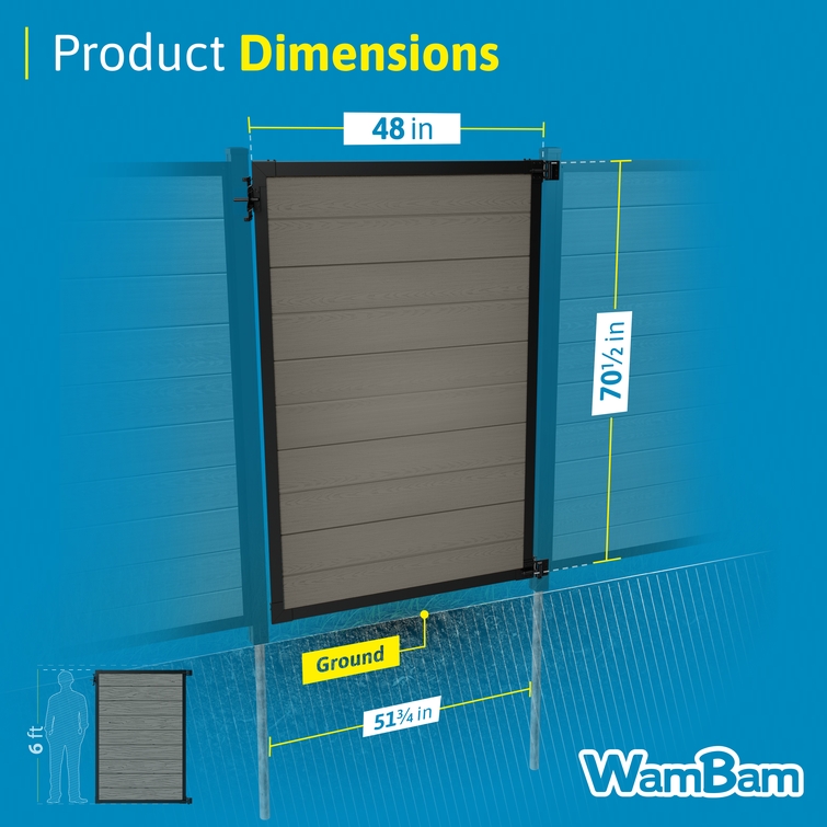 Dimensions infographic for a 6 ft composite privacy fence gate showing a 48-inch gate width, 70.5-inch installed height, and recommended 51.75-inch post spacing.