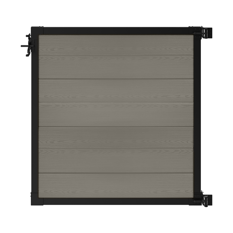 4 ft tall composite privacy fence gate with slate gray composite boards, black aluminum frame, adjustable hinges, and secure latch.