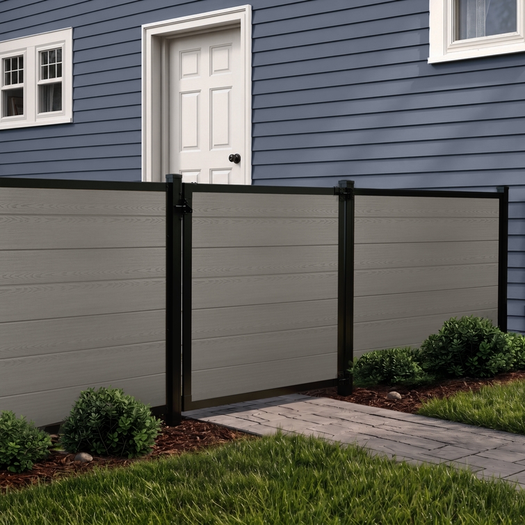 4 ft tall composite privacy fence with slate gray composite boards, black aluminum frame, and closed matching walk gate in a residential backyard.