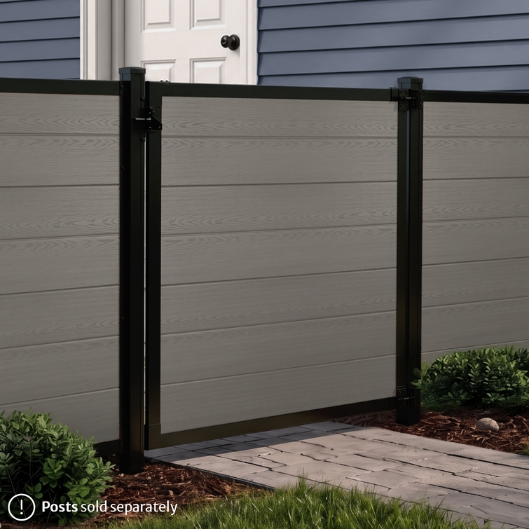 4 ft tall composite privacy fence with slate gray composite boards, black aluminum frame, and matching walk gate shown closed between fence panels.