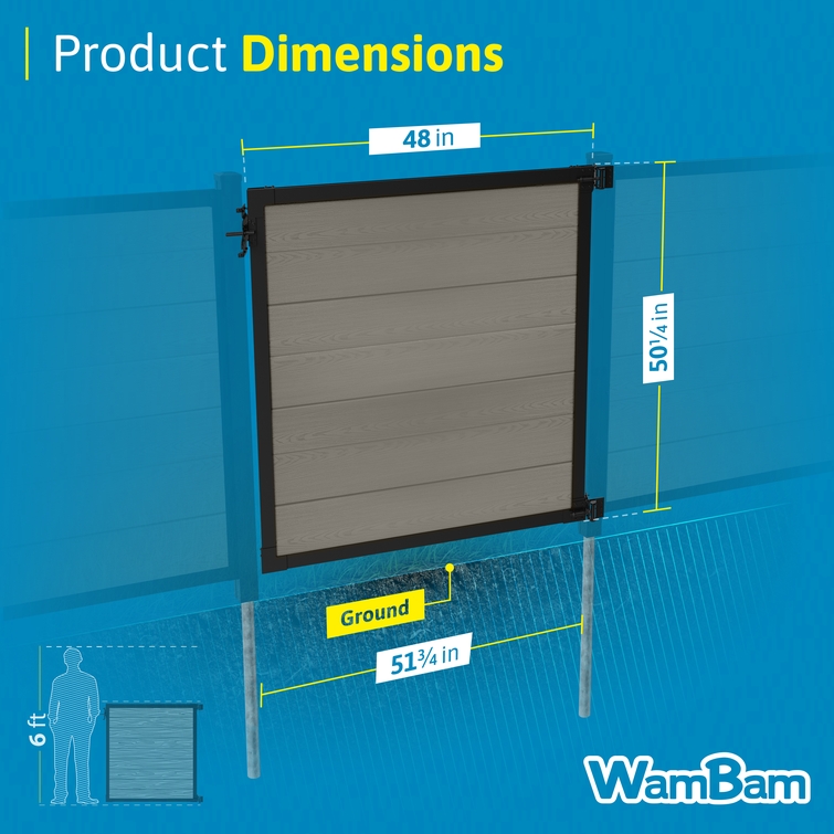 Dimensions infographic for a 4 ft composite privacy fence gate showing a 48-inch gate width, 50.25-inch installed height, and recommended 51.75-inch post spacing.