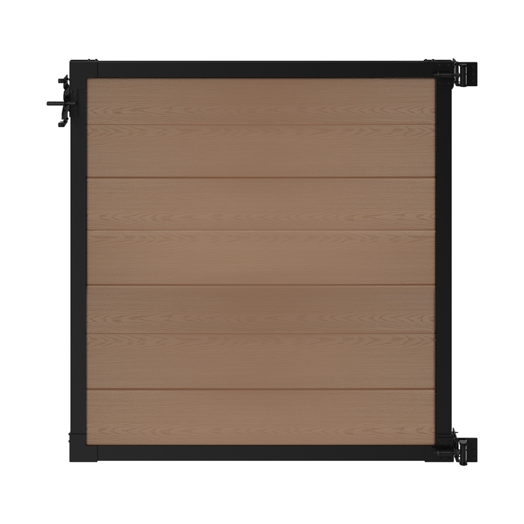 4 ft tall composite privacy fence gate with walnut brown composite boards, black aluminum frame, adjustable hinges, and secure latch.