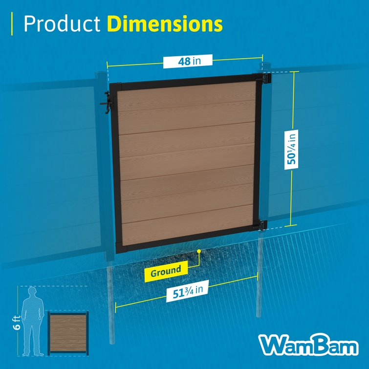 Dimensions infographic for a 4 ft composite privacy fence gate showing a 48-inch gate width, 50.25-inch installed height, and recommended 51.75-inch post spacing.