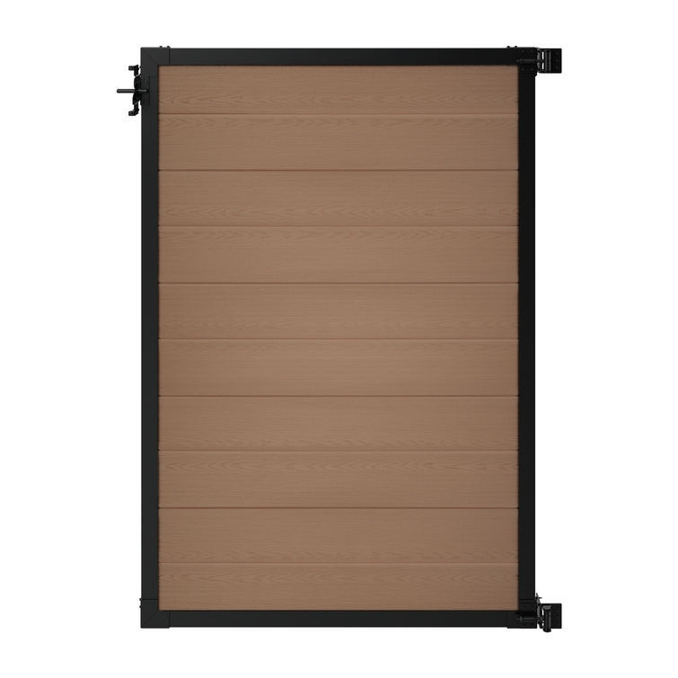 6 ft tall composite privacy fence gate with walnut brown composite boards, black aluminum frame, adjustable hinges, and secure latch.