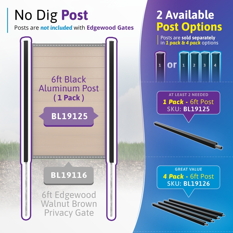 Infographic showing compatible no-dig aluminum fence post options for a 6 ft composite privacy fence gate, including single and four-pack post kits.