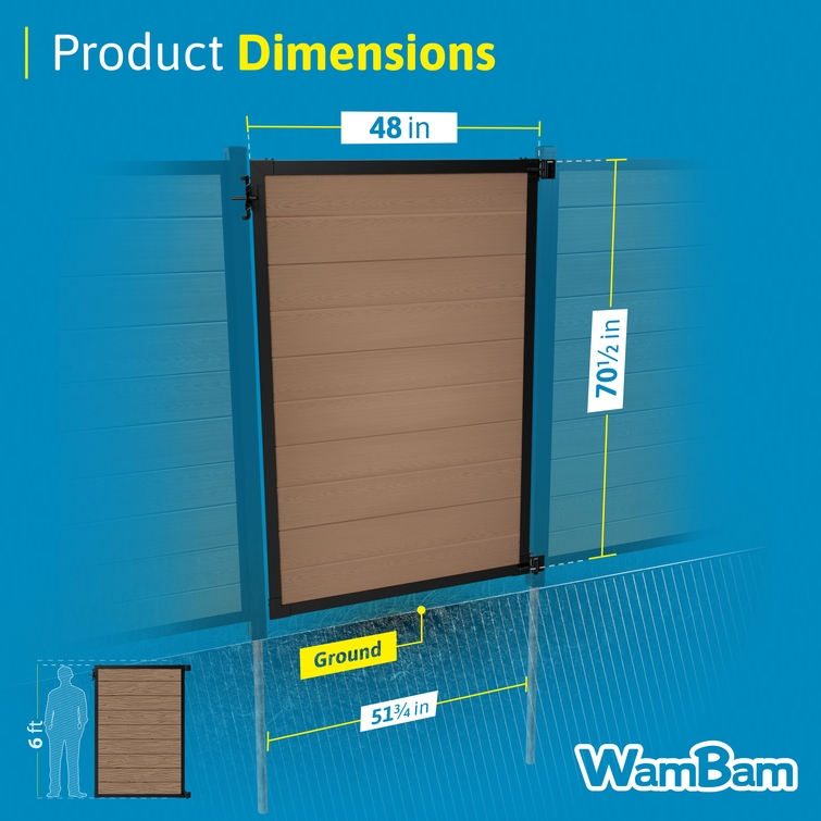 Dimensions infographic for a 6 ft composite privacy fence gate showing a 48-inch gate width, 70.5-inch installed height, and recommended 51.75-inch post spacing.