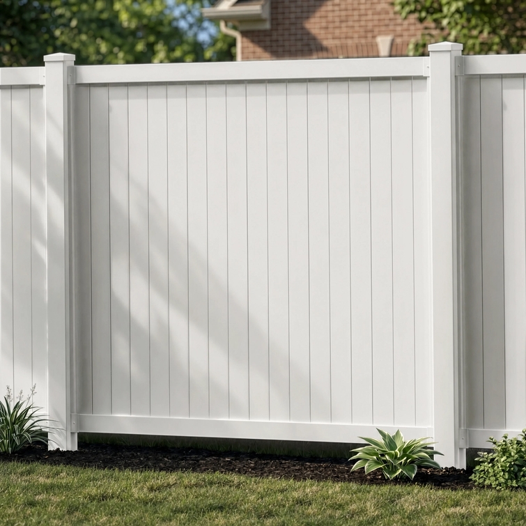 White vinyl privacy fence panel installed in residential backyard with durable maintenance-free outdoor construction