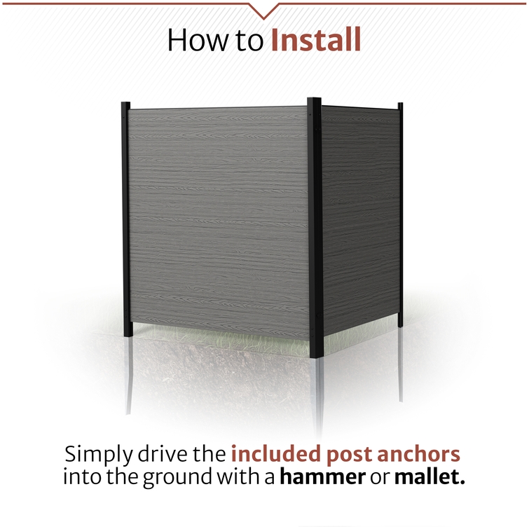 Easy-install outdoor privacy screen with no-dig ground anchors and composite wood-look panels