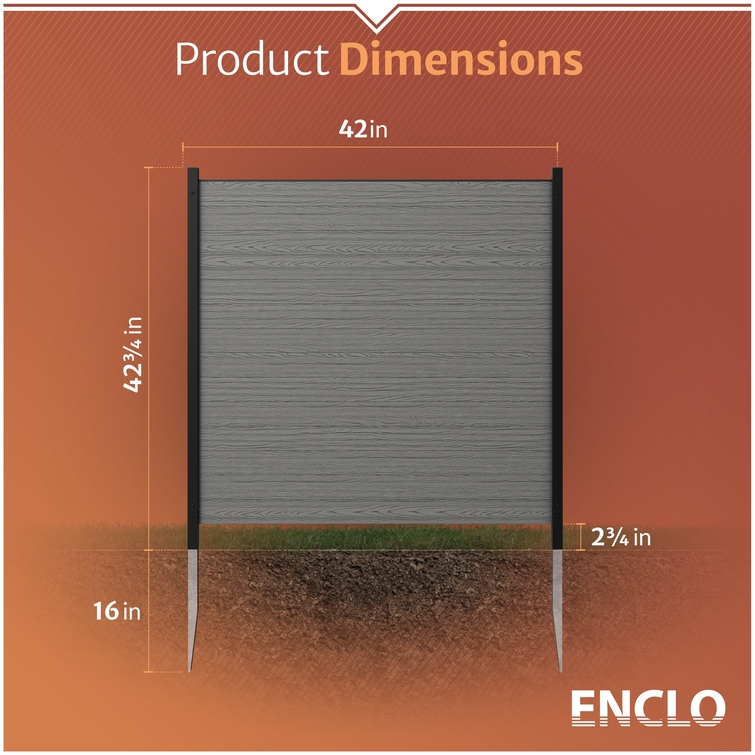 Gray composite outdoor privacy panel dimensions with ground anchor installation measurements