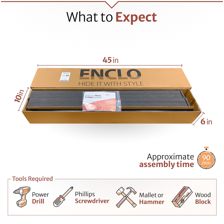 Outdoor privacy screen packaging dimensions with included tools and approximate assembly time