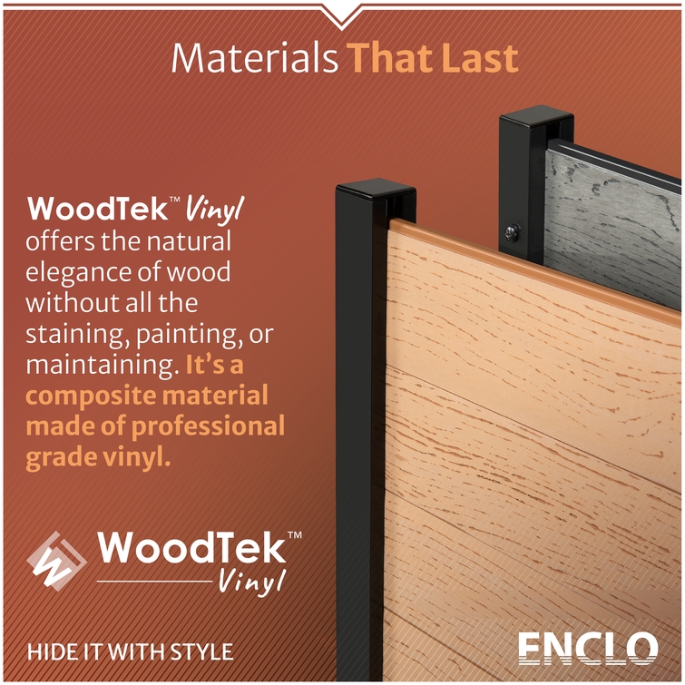 WoodTek vinyl composite outdoor privacy panels with realistic woodgrain texture and low-maintenance durability