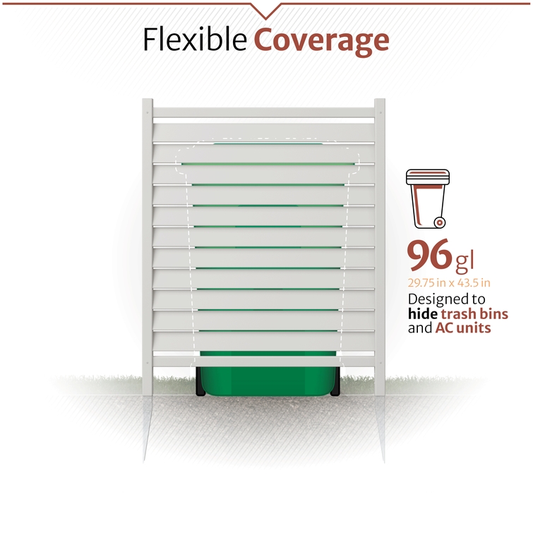 Flexible outdoor privacy screen coverage designed to hide 96-gallon trash bins and AC units