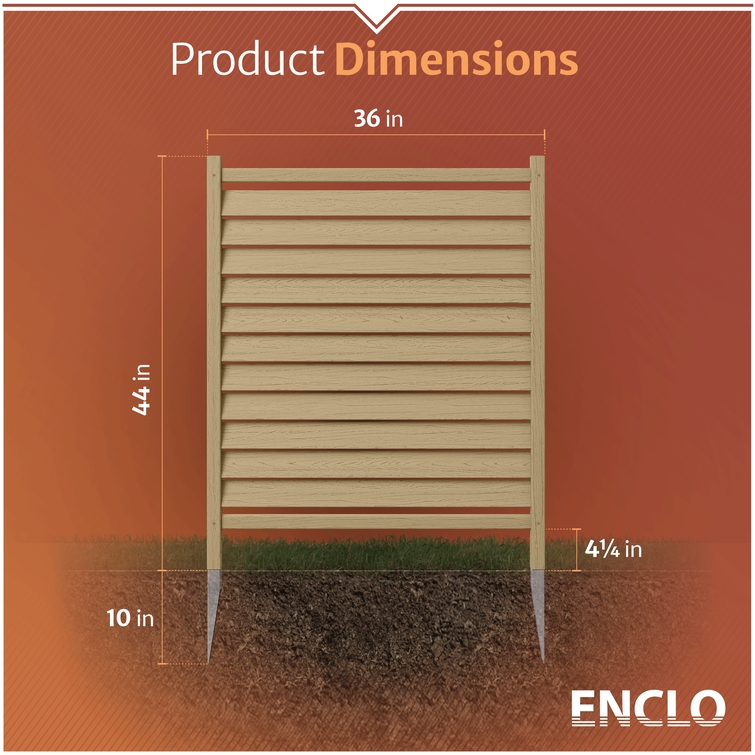 Woodgrain outdoor privacy screen dimensions with installation depth and overall panel measurements