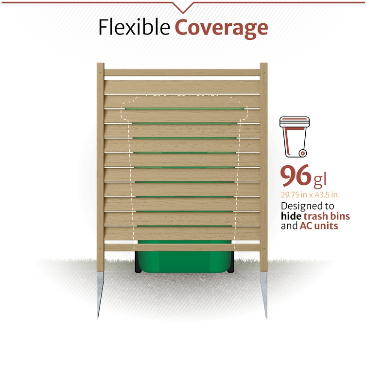 Flexible coverage outdoor privacy panel designed to conceal 96-gallon trash bins and air conditioning units