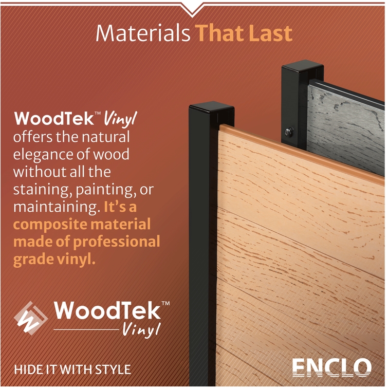 WoodTek vinyl composite privacy panels with realistic woodgrain finish and low-maintenance durability