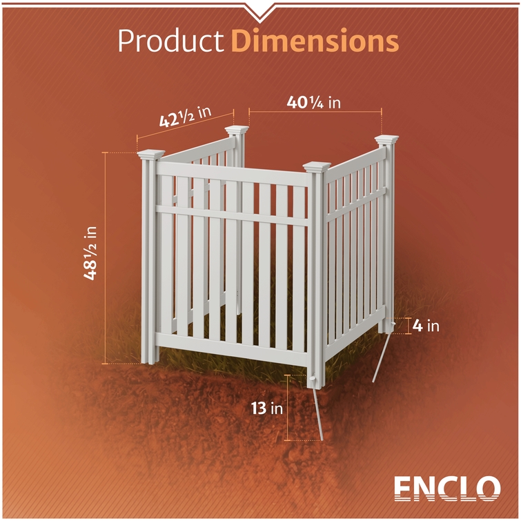 White outdoor AC enclosure dimensions with overall height, width, and ground stake depth measurements