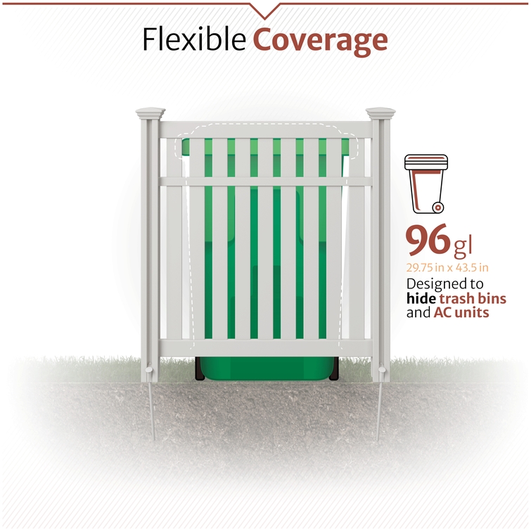 Decorative outdoor privacy fence designed to conceal 96-gallon trash bins and air conditioning units