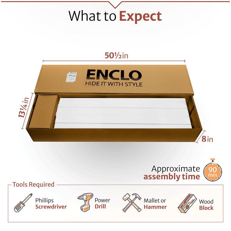 Outdoor enclosure packaging dimensions with included hardware, assembly tools, and estimated setup time