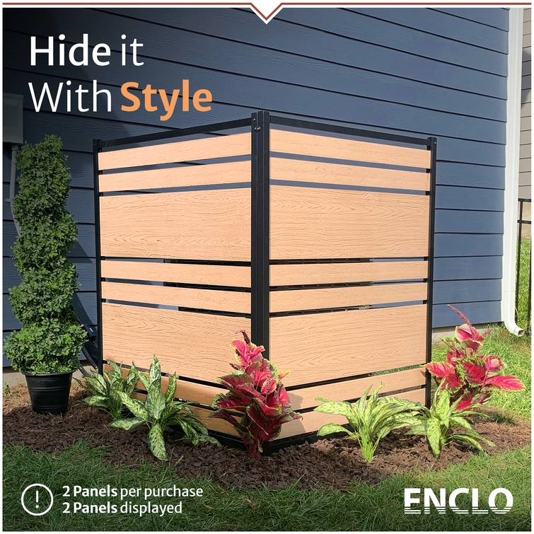 Decorative horizontal slat privacy enclosure for concealing outdoor AC units and trash bins beside home exterior