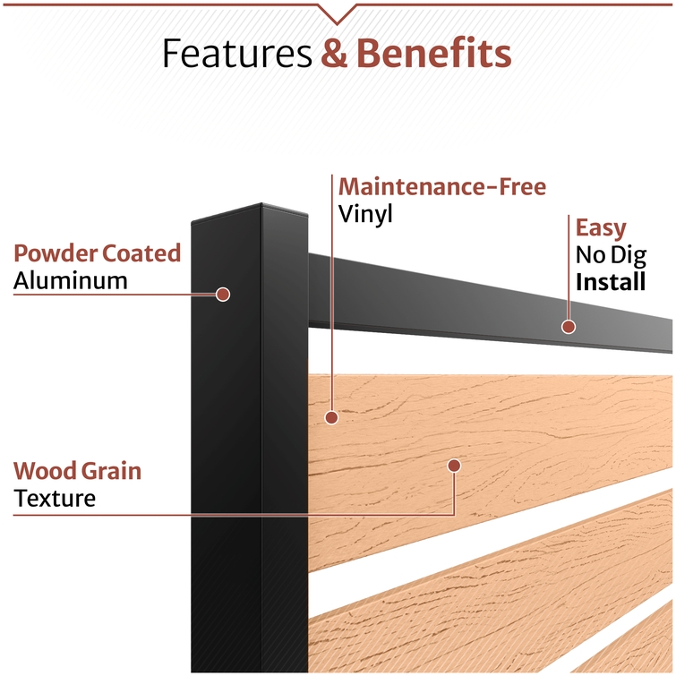 Weather-resistant outdoor privacy screen with powder-coated aluminum posts and maintenance-free vinyl panels