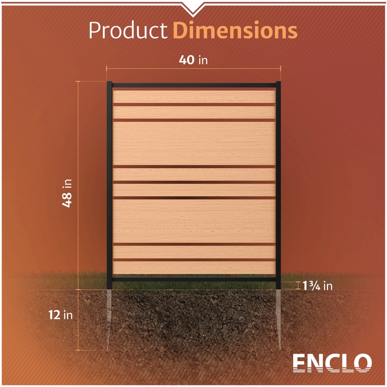 Composite privacy panel dimensions with installation depth and overall outdoor screen measurements