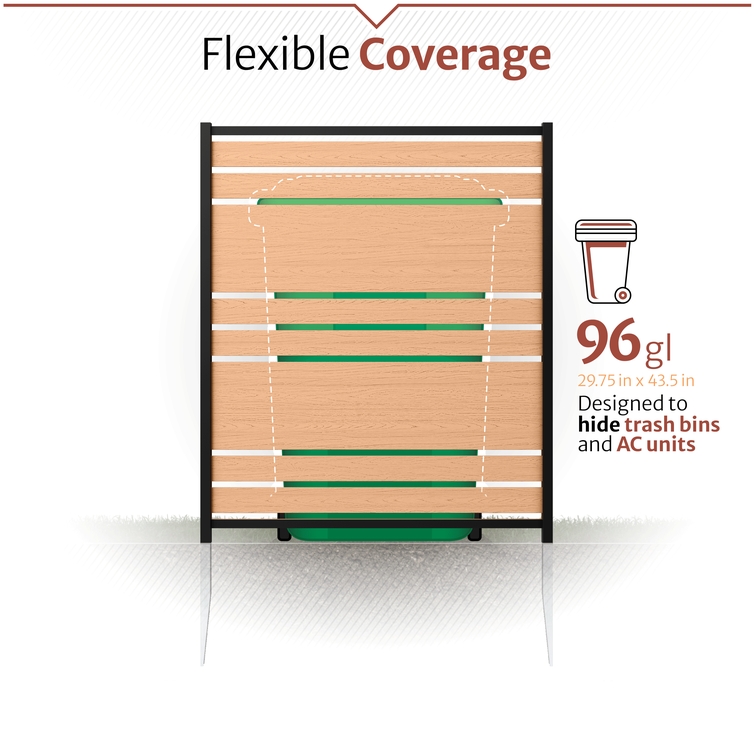 Flexible outdoor privacy screen coverage designed to hide 96-gallon trash bins and AC units
