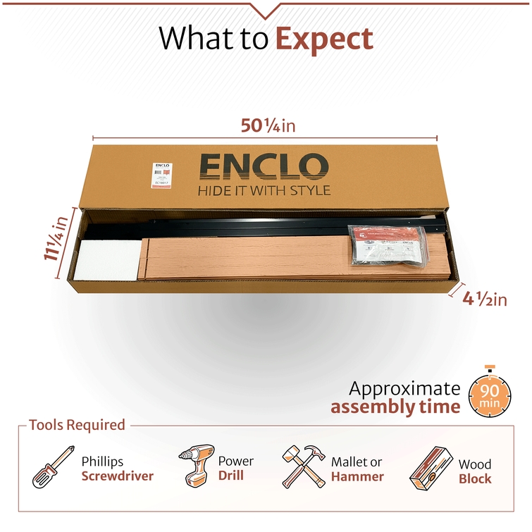 Outdoor privacy enclosure packaging dimensions with included hardware, assembly tools, and estimated setup time