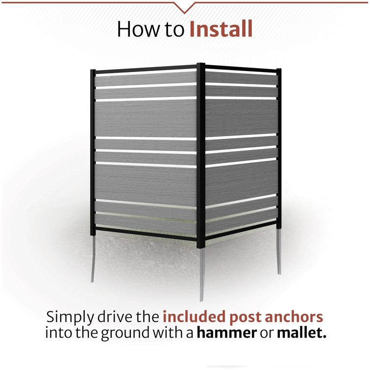 DIY-friendly no-dig composite privacy enclosure with included ground anchors for fast outdoor installation