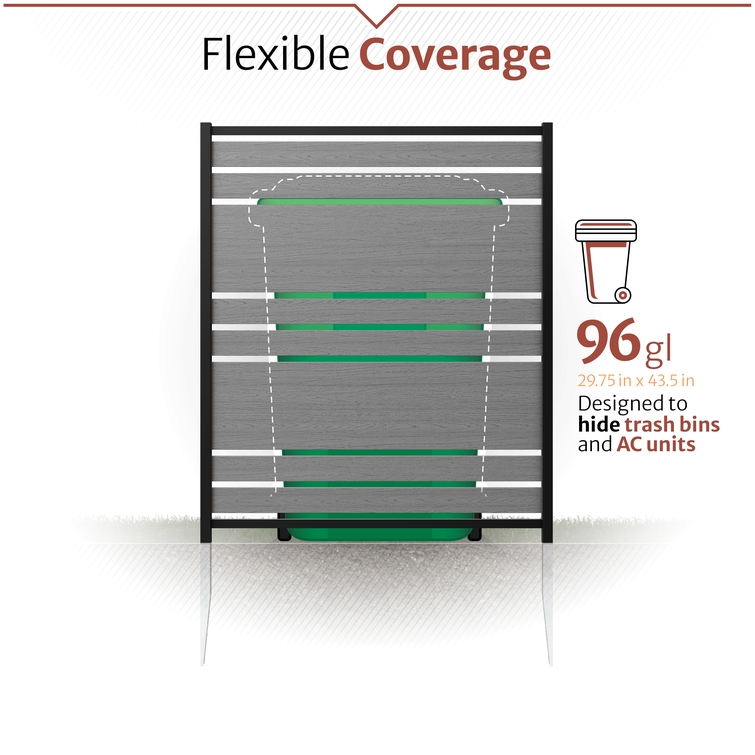 Flexible outdoor privacy screen coverage designed to hide 96-gallon trash bins and residential AC units