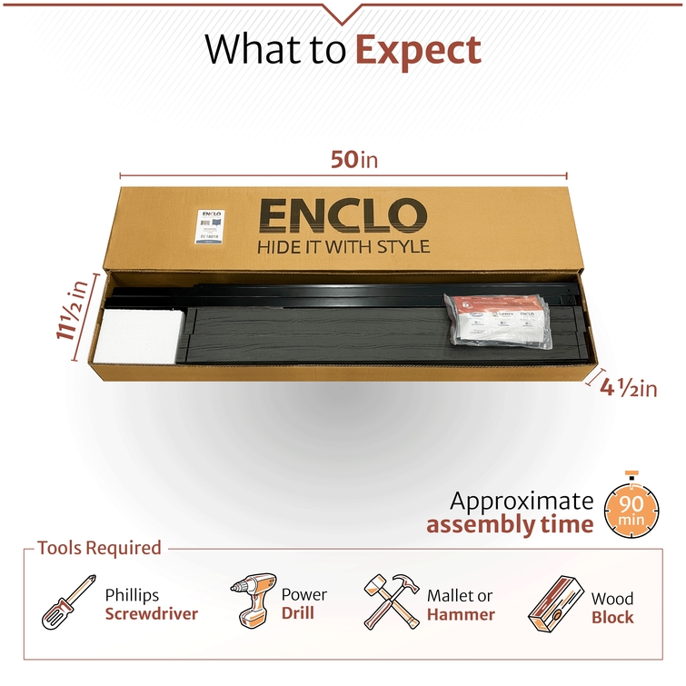 Outdoor privacy enclosure packaging dimensions with included hardware, assembly tools, and estimated setup time