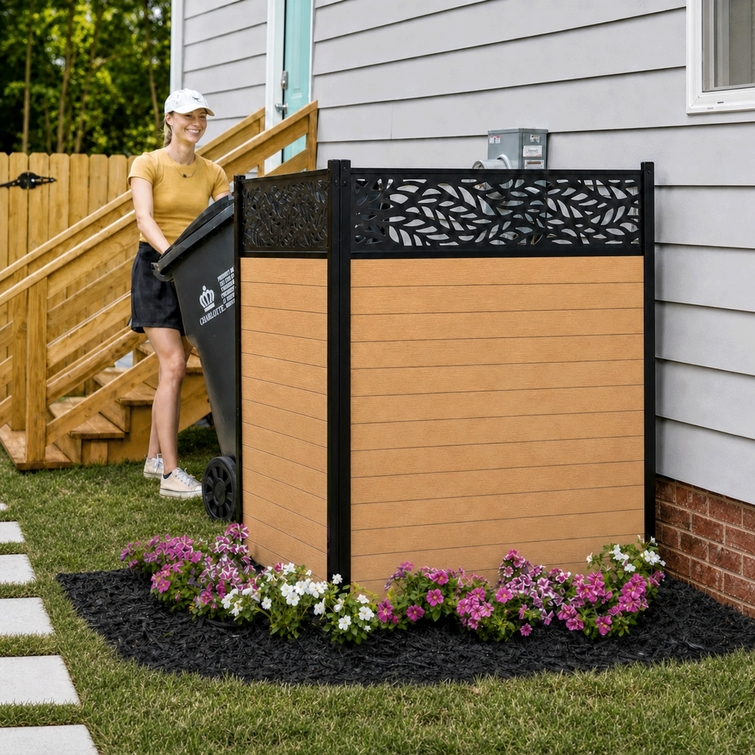 Decorative outdoor privacy screen with laser-cut black metal accent panels and wood-look composite boards